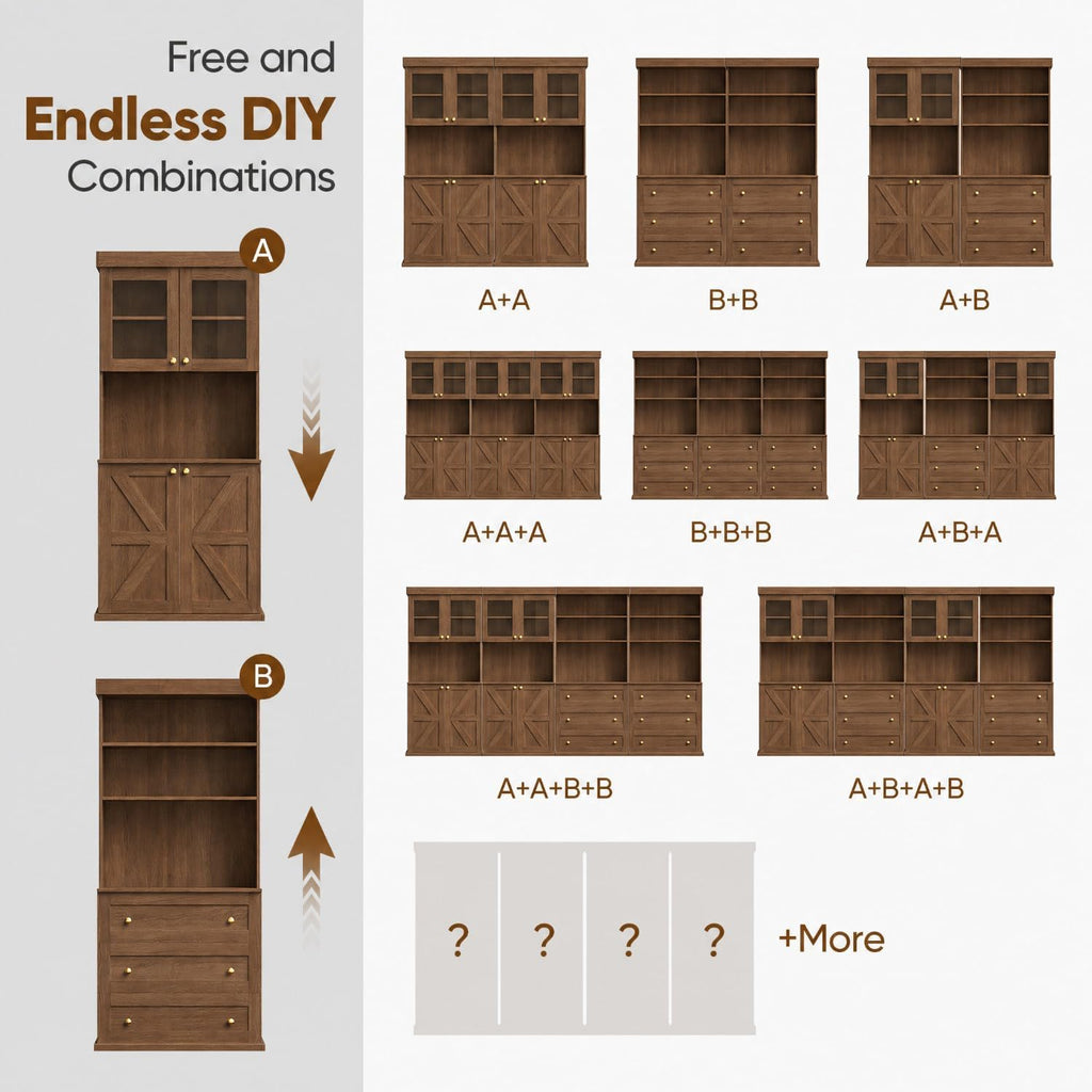 71" Farmhouse Kitchen Pantry Cabinet with Glass Doors, Set of 2 – Dark Brown Freestanding Coffee Bar Hutch with Adjustable Shelves, Large Storage Cabinet with Microwave Stand for Living Room & Kitchen