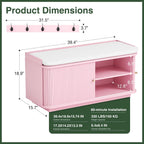 Hall Tree with Bench and Shoe Storage, Entryway Bench with Sliding Door Cabinet, Removable Padded, Metal Wall Hooks and Adjustable Storage Compartments, for Entry, Hallway, Living Room, Pink