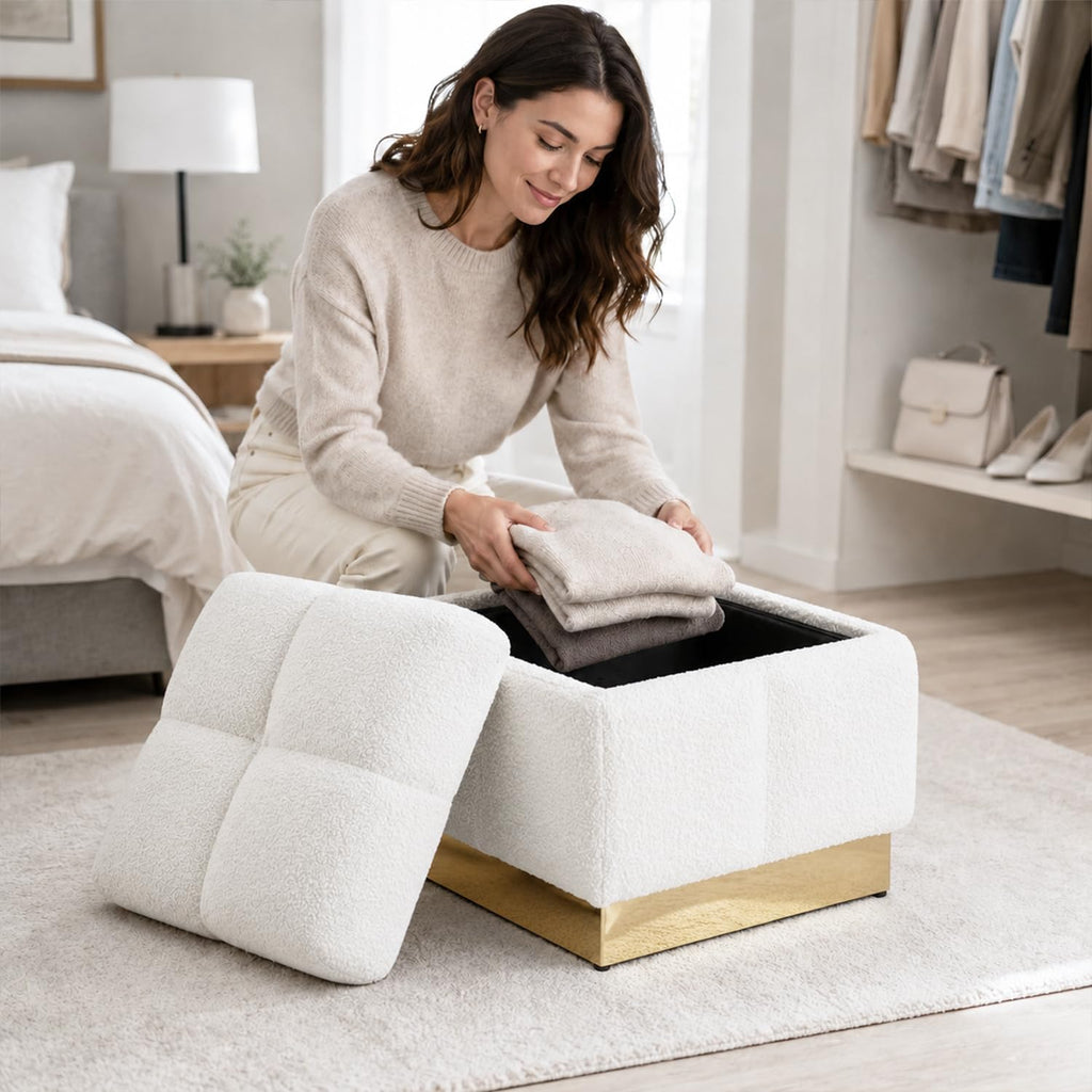 Boucle Storage Ottoman Stool, Modern Vanity Stool with Biscuit Tufting and Gold Stainless Steel Base, Square Ottoman Foot Stool for Living Room, Bedroom, Entryway, White