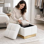 Boucle Storage Ottoman Stool, Modern Vanity Stool with Biscuit Tufting and Gold Stainless Steel Base, Square Ottoman Foot Stool for Living Room, Bedroom, Entryway, White