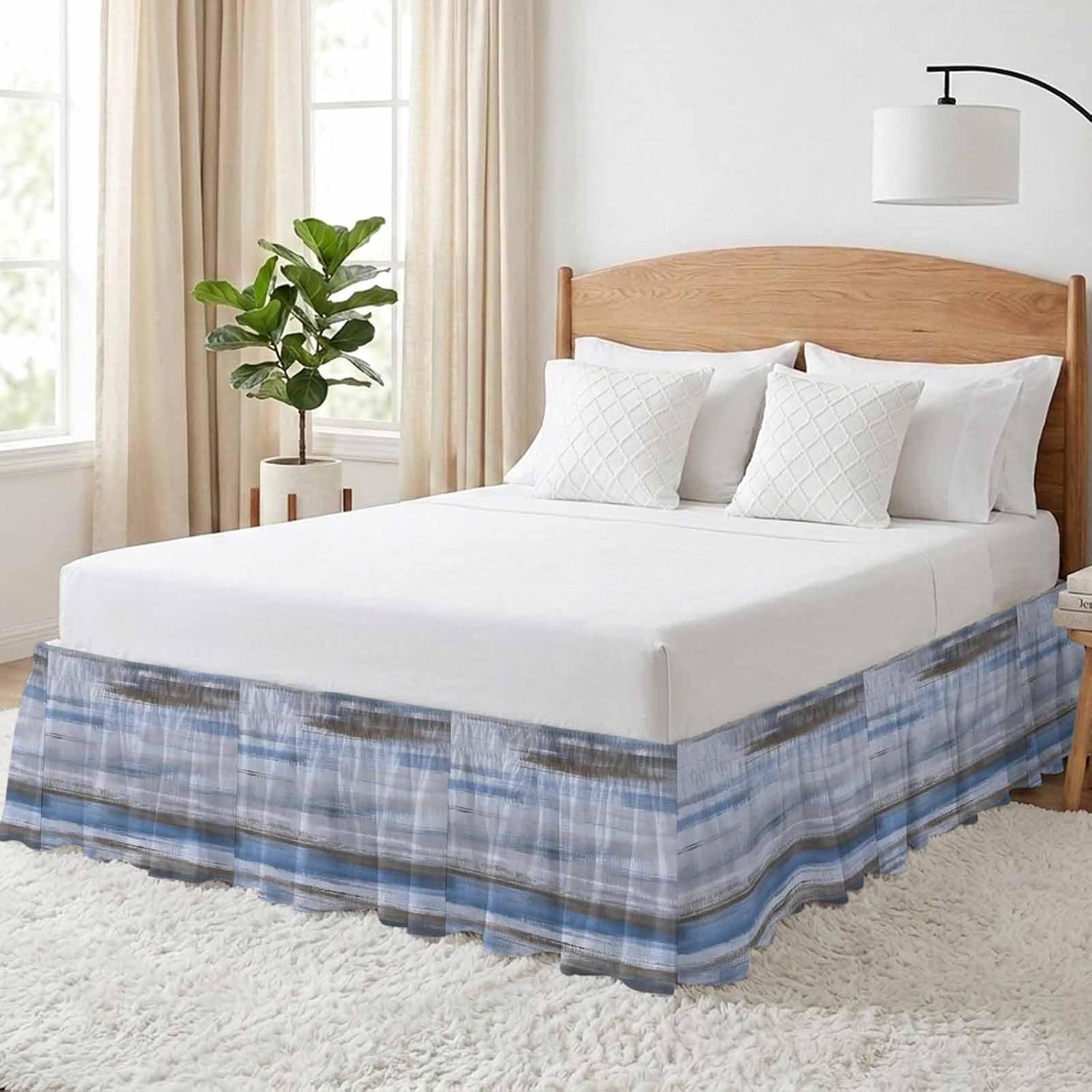 Grey Blue Paint Bed Skirt Queen Size 16" Drop Watercolor Abstract Light Blue Stripes Ruffled Wrap Around Bed Skirts Adjustable Elastic Bedskirt Dust Ruffle for Queen King California King Bed