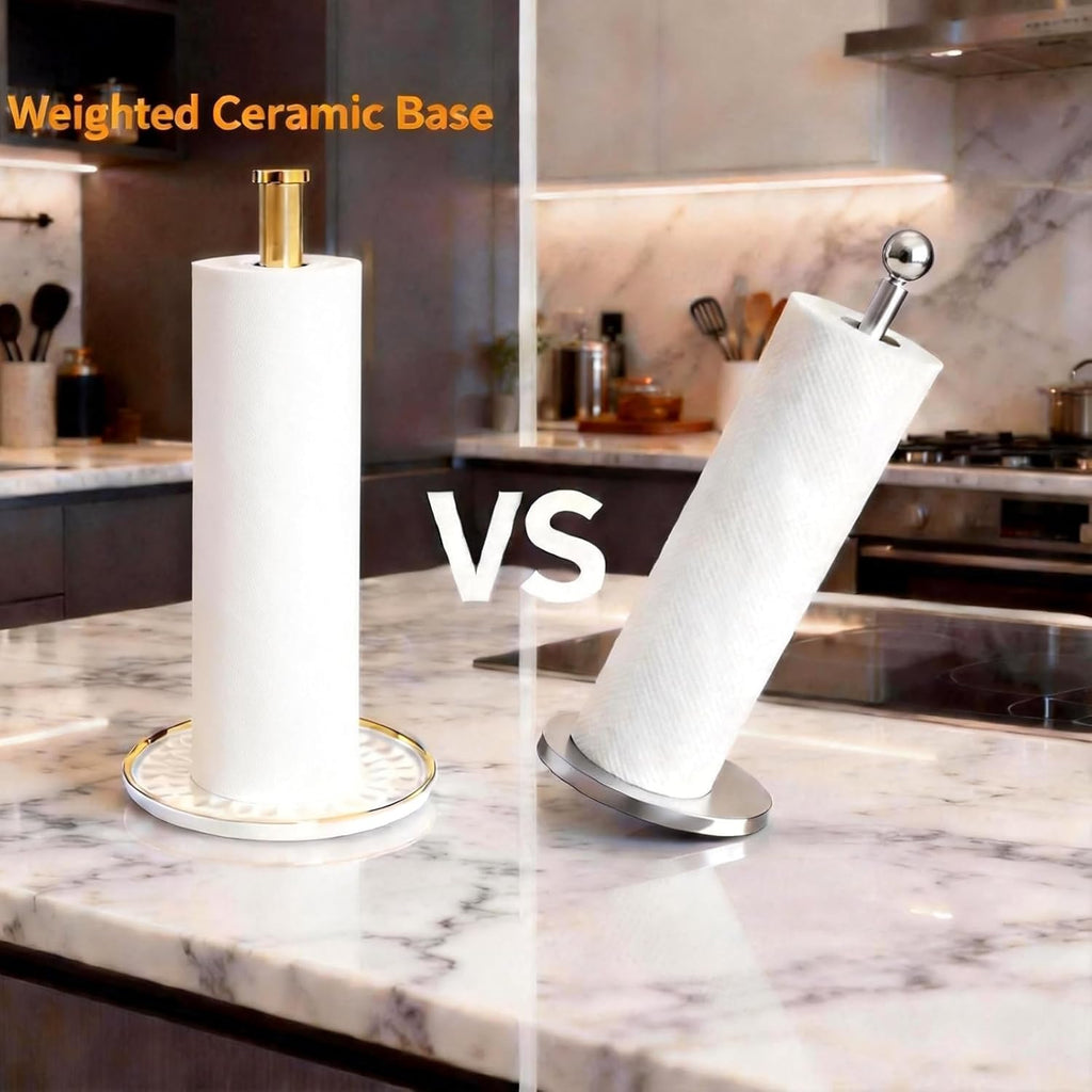 Paper Towel Holder Countertop,Kitchen Paper Towels Holder with Weighted Ceramic Base, Golden Paper Towel Holders for Standard and Large Size Rolls