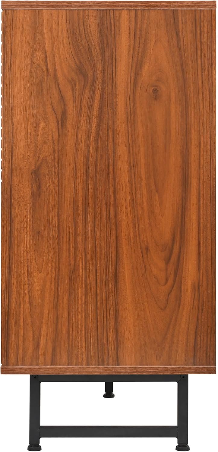 Mid-Century Modern Walnut Sideboard Buffet Cabinet, 59*16*33 inches Geometric Carved Storage Cabinet with Metal Legs, Coffee Bar Entryway Console Table Storage for Dinning Room, Living Room