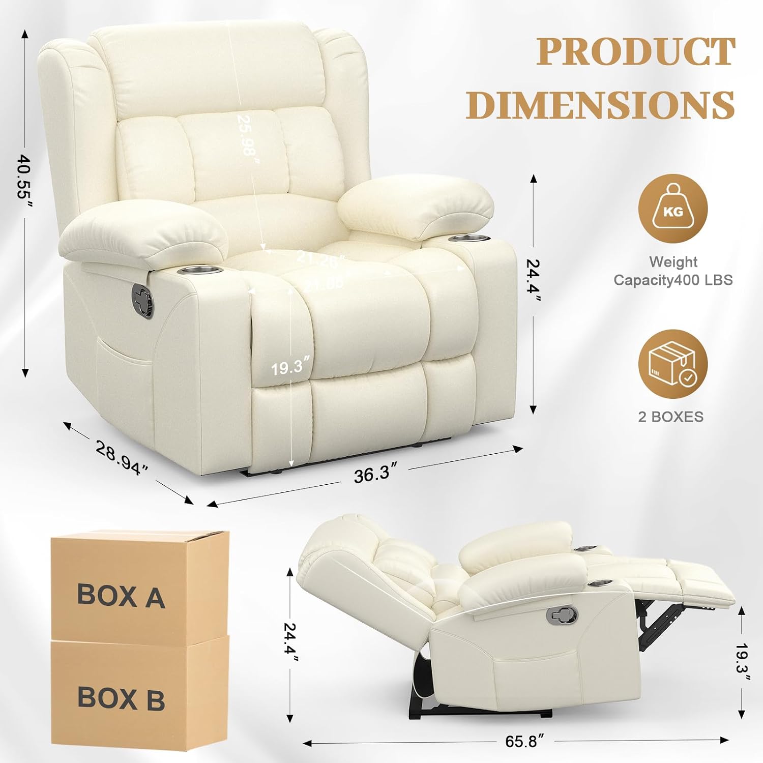 RV Recliner Chair, Oversized Reclining Loveseat Home Theater Seating with Cup Holders, Insert Pockets, Wall Hugger RV Recliners for Movie Room, Recline Movie Seats Gaming Sofa, White