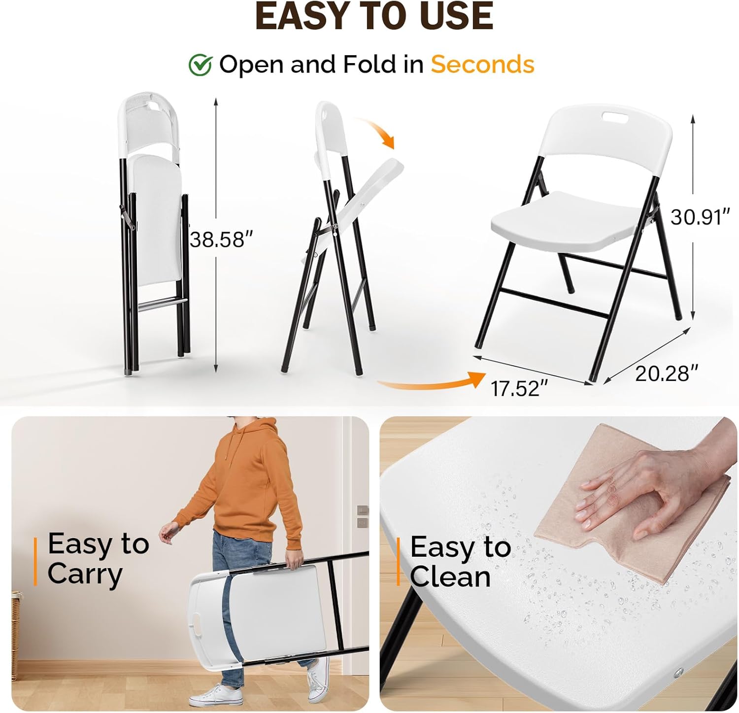 VINGLI Folding Chairs, Plastic Foldable Chair, Capacity up to 350 lbs, Portable Seating for Indoor Outdoor Events Parties Camping Work School Commercail (6, White)