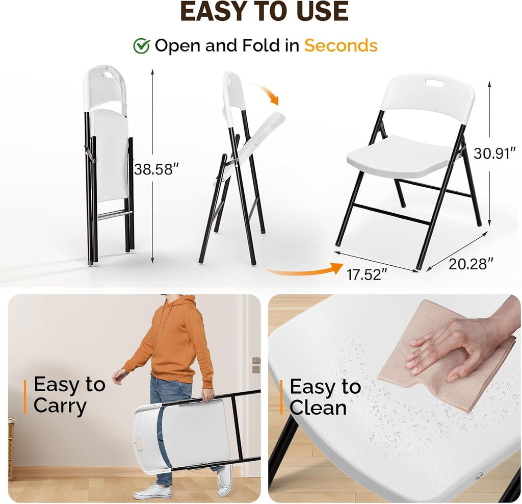 VINGLI Folding Chairs, Plastic Foldable Chair, Capacity up to 350 lbs, Portable Seating for Indoor Outdoor Events Parties Camping Work School Commercail (12, White)