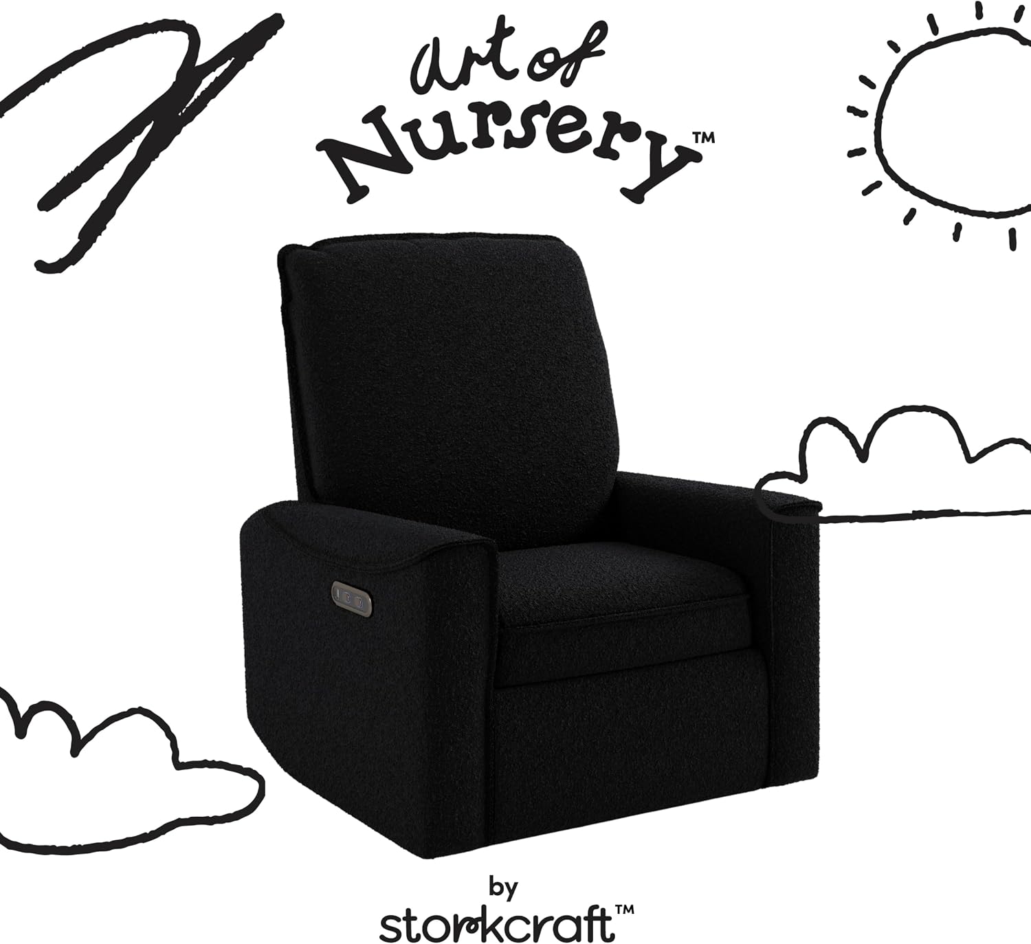 Storkcraft Santos Deluxe Power Recliner Swivel Glider, Premium Electronic Nursery Rocking Chair, Oeko-TEX 100 Certified, Includes Dual-USB Charging Port with USB-A & USB-C – (Black Boucle)