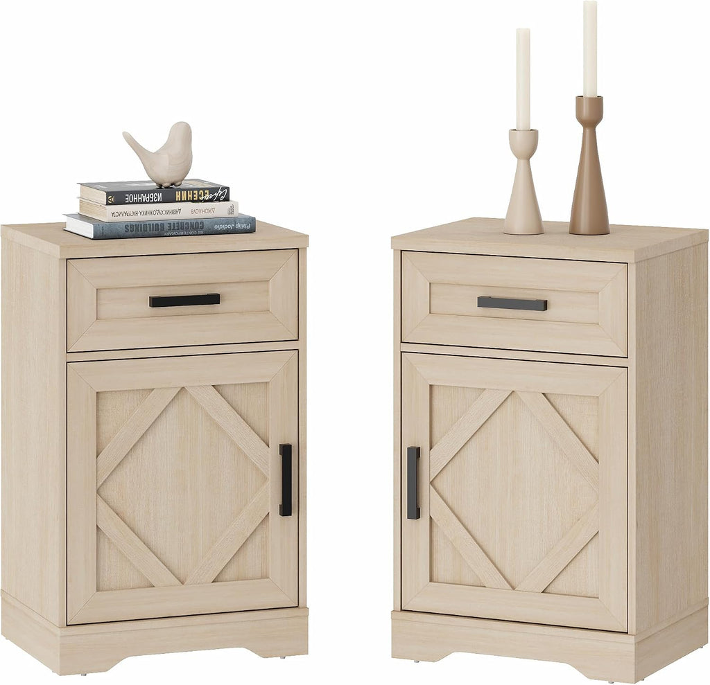 WAMPAT 32-Inch Tall Farmhouse End Table Set of 2 with Drawers and Adjustable Storage Shelves, Wood Side Table with Barn Doors for Living Room,Bedroom,Beige Wood
