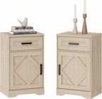 WAMPAT 32-Inch Tall Farmhouse End Table Set of 2 with Drawers and Adjustable Storage Shelves, Wood Side Table with Barn Doors for Living Room,Bedroom,Beige Wood