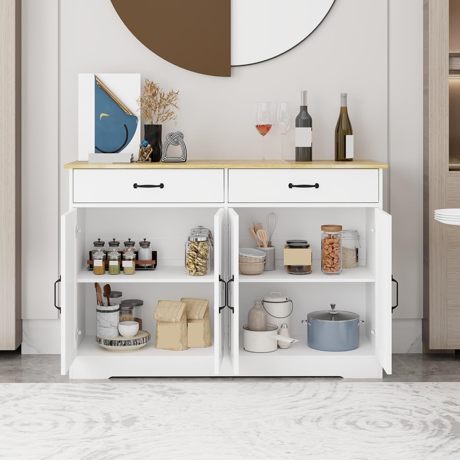 Farmhouse Buffet Cabinet Storage Sideboard, with 2 Drawers and 4 Doors, for Dining Living Room Kitchen,for Kitchen Home