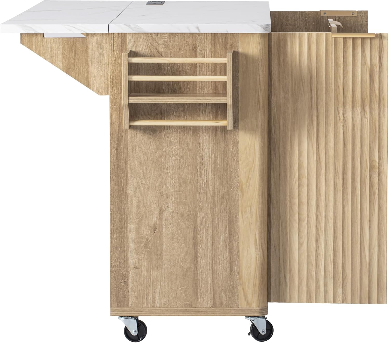 Merax 55.5" Fluted Kitchen Island with Drop Leaf, Power Outlet,Kitchen Grill Cart Island with Storage-6 Door Shelves,Adjustable Shelves,Faux Marble Top,Curved Edge for Kitchen,Natural