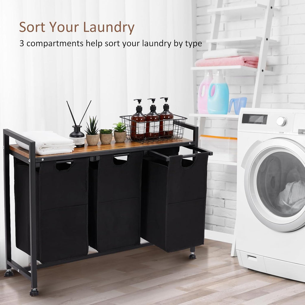 Laundry Sorter 3 Section, Laundry Hamper with Shelf and 3 Pull-Out Removable Bags, Large Capacity Clothes Basket with Metal Frame for Laundry Room Bathroom Apartment, 3 x 11.5 Gallons