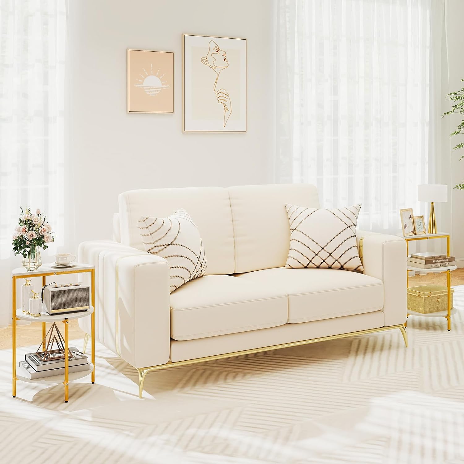 GOFLAME Gold End Table, Round Sofa Side Table with Storage Shelves 3-Tier, Metal Frame, Modern Bedside Tables, Narrow Compact Nightstand for Small Spaces, Living Room, Bedroom, White & Gold (2)