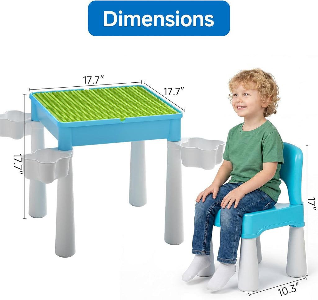 5-in-1 Toddler Table and Chair Set with 128PCS Building Blocks, Kids Activity Table Flip Top for Art, Sand & Water Play, Leak-Proof Design, Includes 1 Sturdy Chair, ASTM Certified, Gift for Ages 2-4