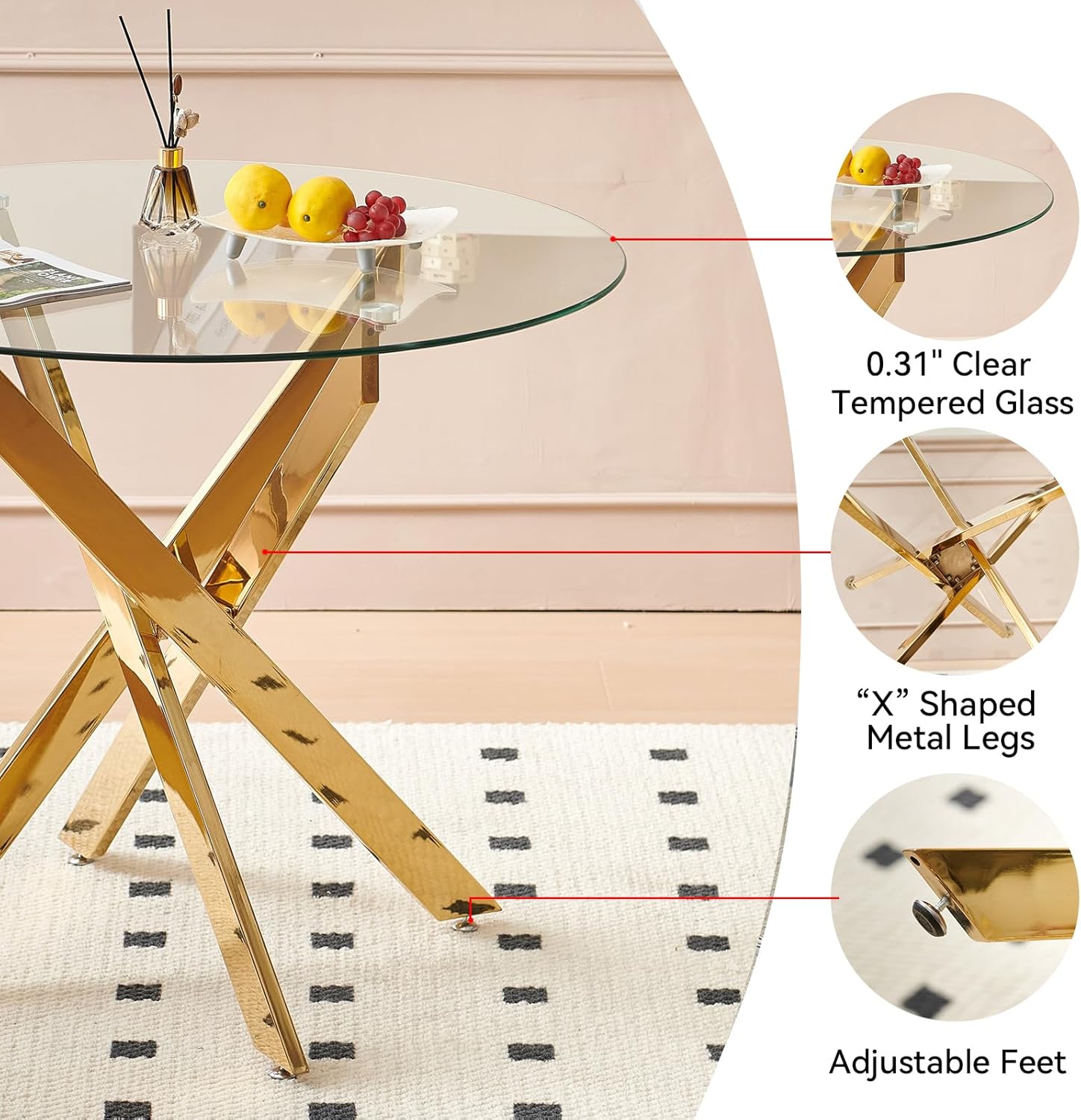 5-Piece Dining Room Table Set, Modern 36" Round Gold Glass Dining Table Set for 4, Kitchen and Dining Table Set with 4 White PU Leather Dining Chairs for Dining Room Kitchen