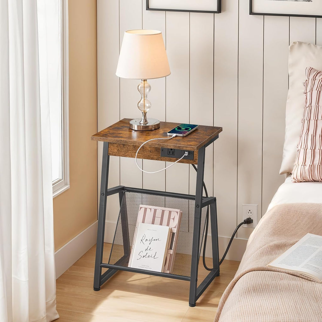 HOOBRO Side Table with Charging Station, Small End Table with Magazine Storage Rack, Industrial Nightstand for Small Spaces, Living Room, Bedroom, Dorm, Office, Rustic Brown and Black BF001UBZ01