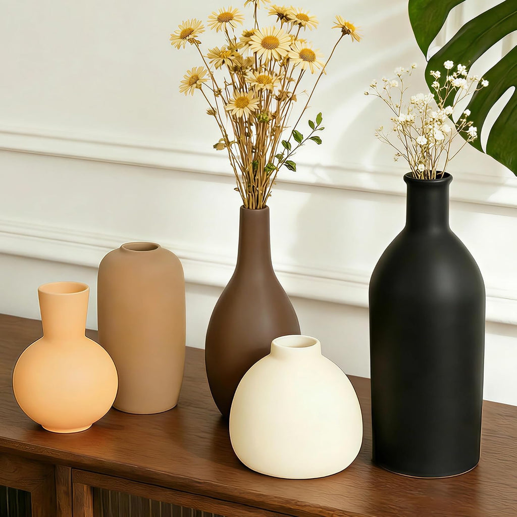 Modern Ceramic Vase Set 5, Small Flower Vases Home Shelf Decor for Centerpiece Farmhouse Fresh Flowers, Table Living Room Kitchen Bedroom Decoration for Holidays, Wedding, Birthday(Black Beige Mix)