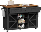 RALGEND Kitchen Island with Storage, 55" Kitchen Cart with Charging Station, Rolling Kitchen Island Table with Drop-Leaf, 3 Drawers, Barn Doors, Towel Rack and Spice Rack, Black and Rustic Brown