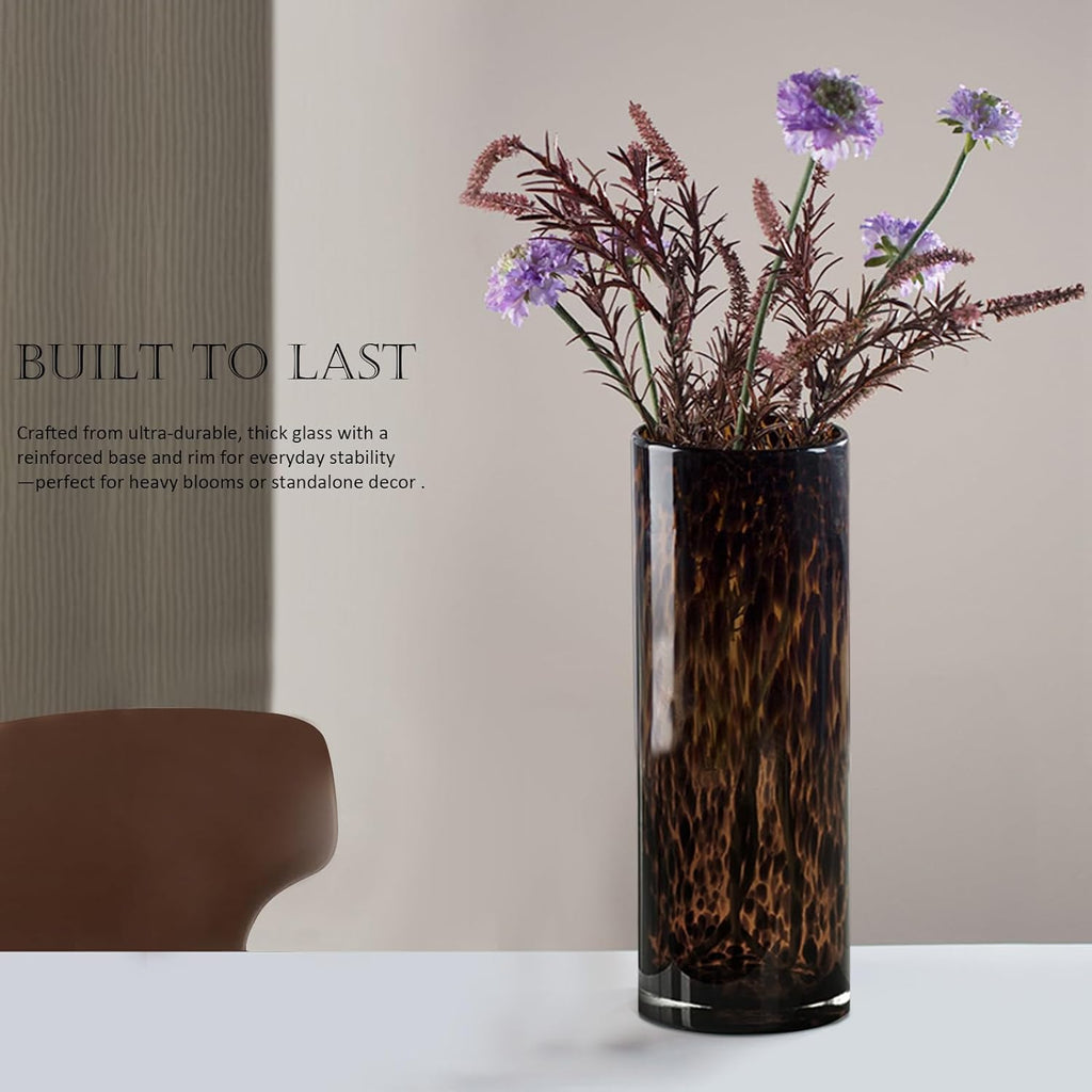 11.8" High Luxe Leopard Glass Vase — Unique Modern Amber Brown Centerpiece for Home Decor, Everyday Elegance Vase