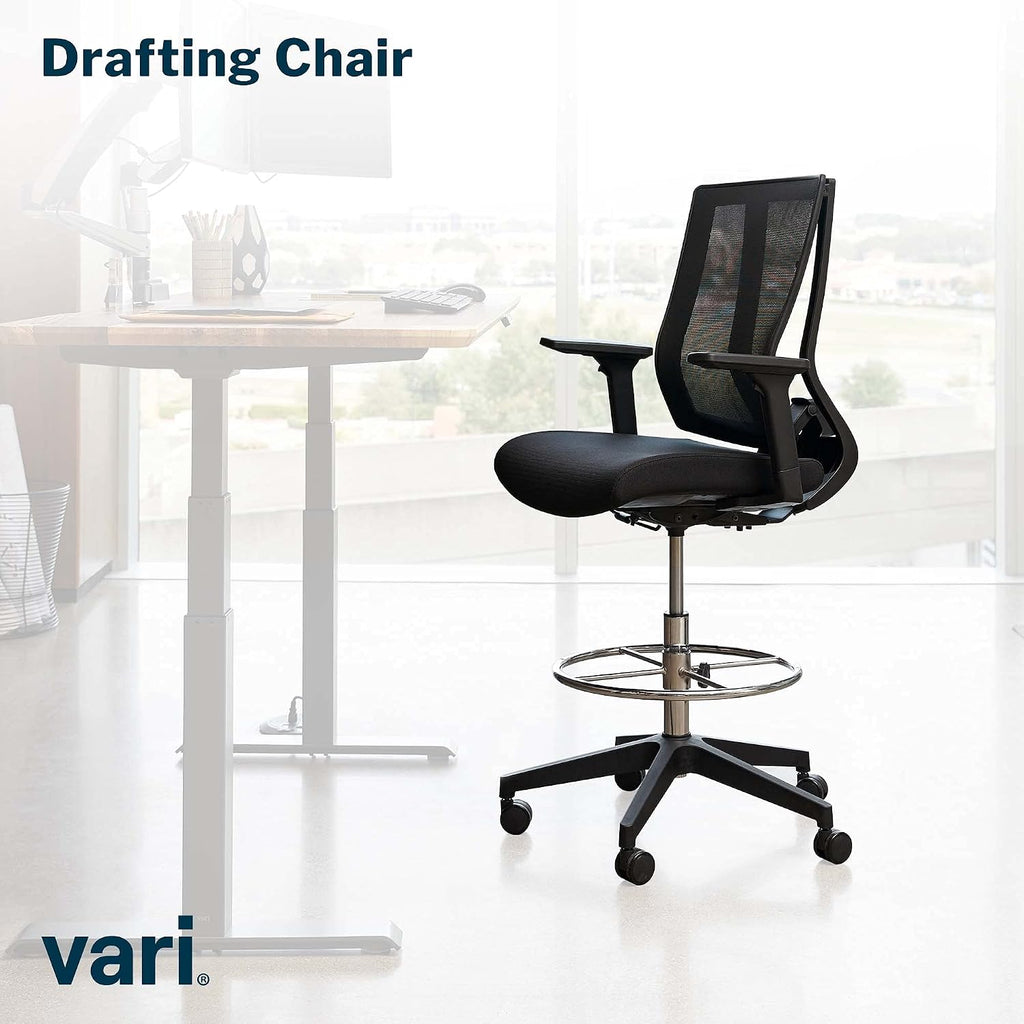 Vari Drafting Chair (VariDesk) - Tall Adjustable Office Chair with Footrest & Rolling Casters - Ergonomic Mesh Back for Lumbar Support - Ideal for Artist, Drafting Desk, or Counter Work - Black