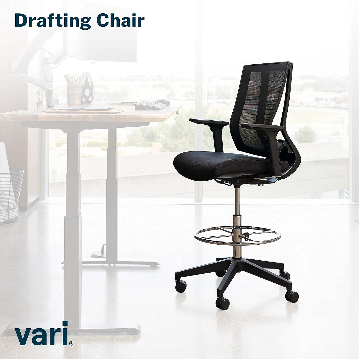 Vari Drafting Chair (VariDesk) - Tall Adjustable Office Chair with Footrest & Rolling Casters - Ergonomic Mesh Back for Lumbar Support - Ideal for Artist, Drafting Desk, or Counter Work - Black