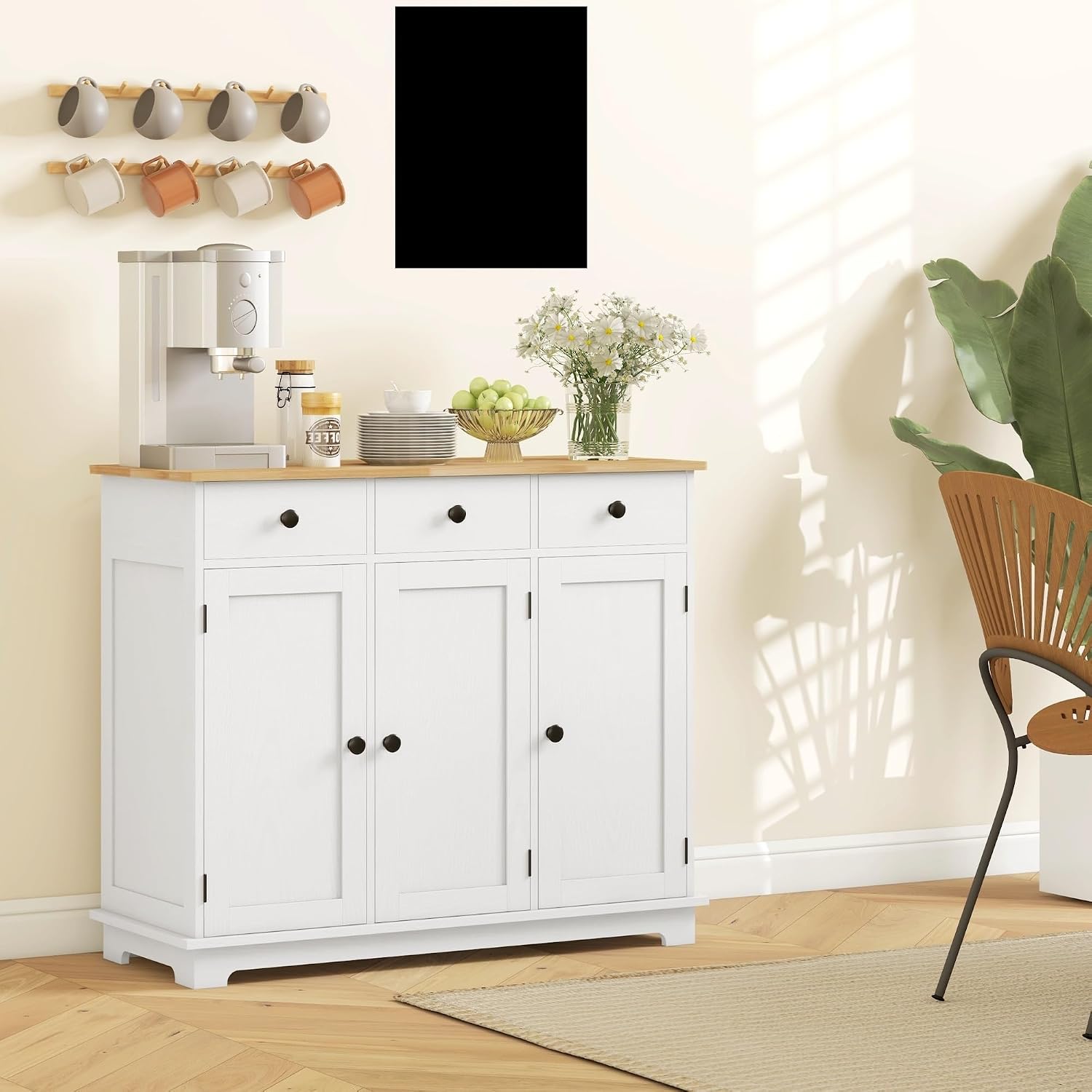 Sideboard with Solid Wood Countertop, Modern Kitchen Storage Cabinet, Coffee Bar Cabinet with 3 Drawers, Doors and Adjustable Shelf, Distressed White,for Kitchen