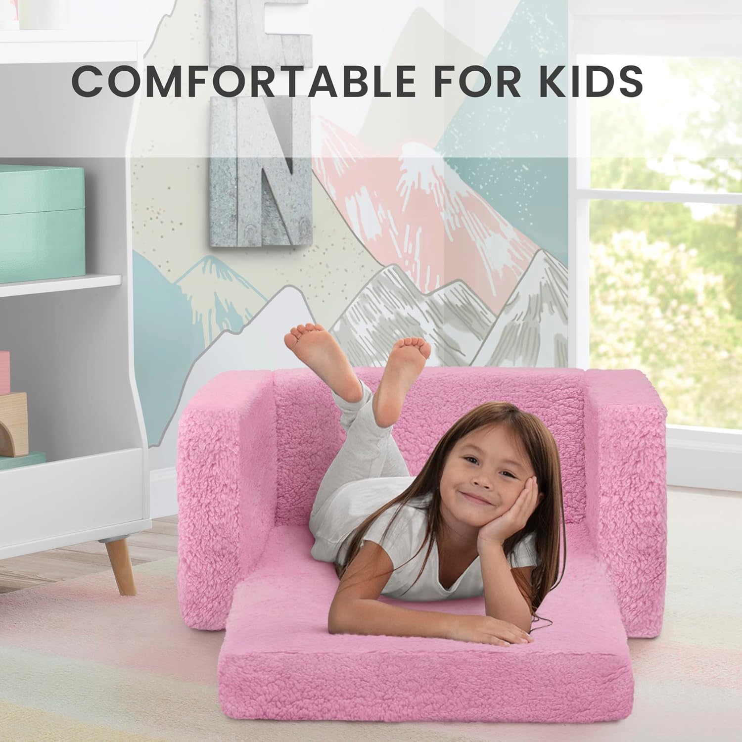 Delta Children Cozee Flip-Out Sherpa 2-in-1 Convertible Chair to Lounger for Kids, Pink