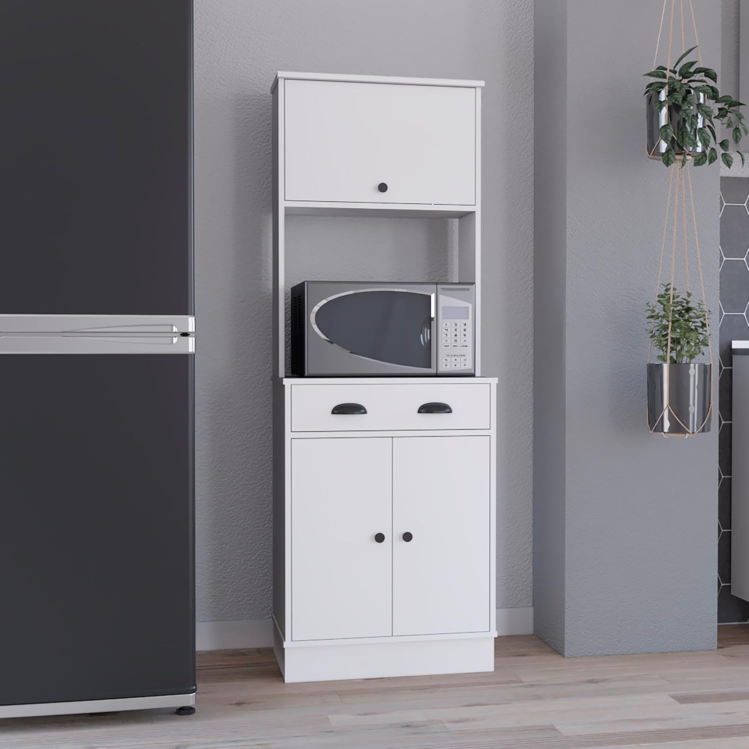 Apex Kitchen Pantry 66.3" H with Drawer, 2 Cabinets, and Microwave Stand, White