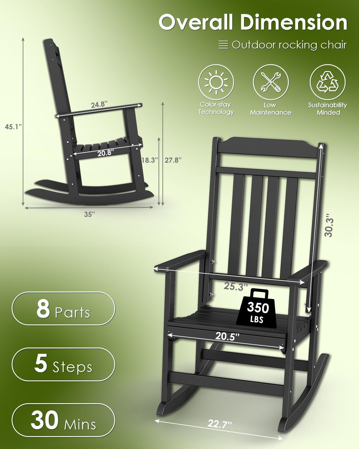 GREENVINES Outdoor-Rocking-Chairs-Set-of-2 | HDPE Plastic | Patio Rockers | Porch Rocker Chair | Oversized | High Back | Big & Tall | Black