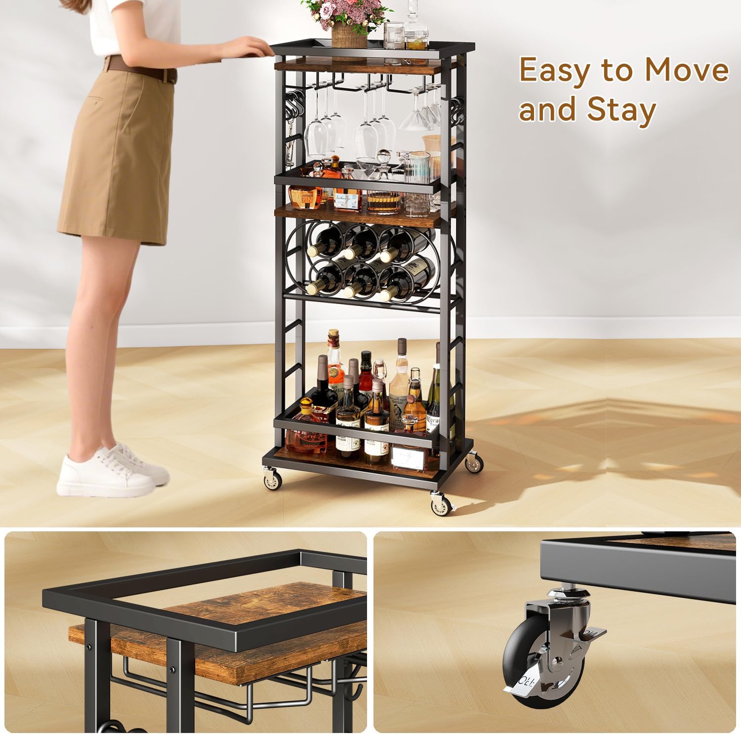 IBUYKE 4-Tier Wine Rack with Wheels,Bar Cart,Brown TMJ912H | Wine Car Cabinet Wine Rack Freestanding Floor Versatile Wine Bottle Display Shelf,Mini Bar for Home Living Room