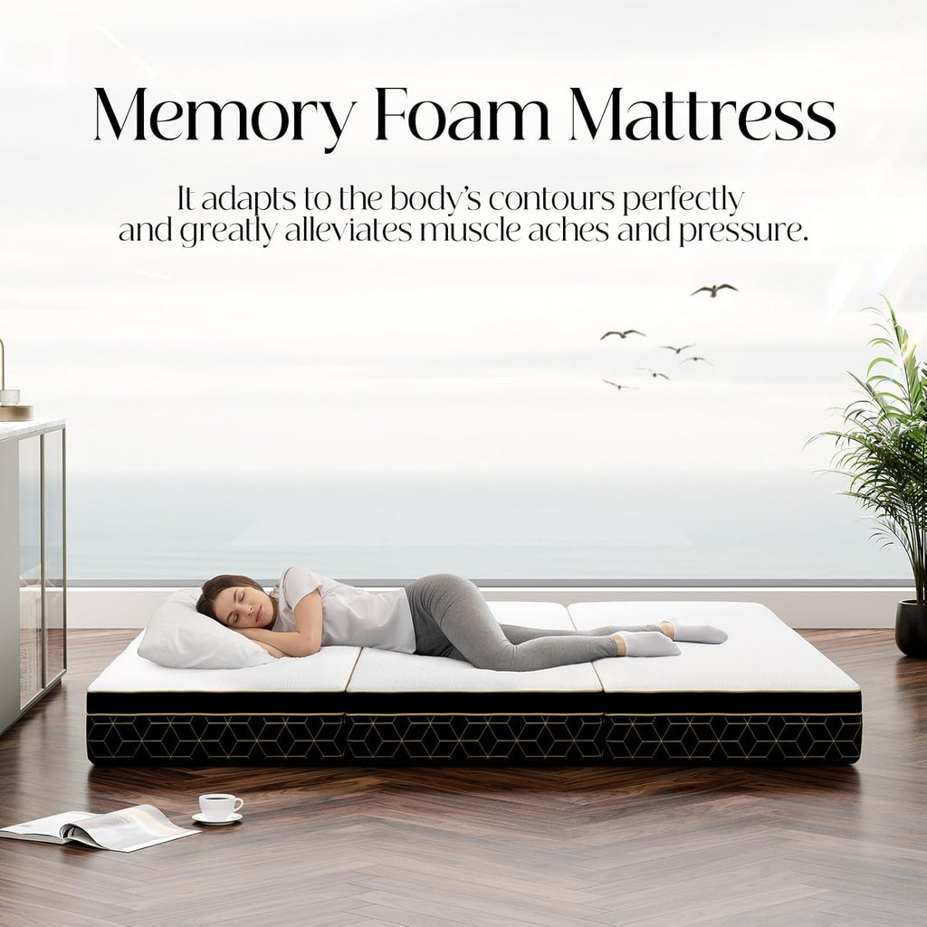 GEMBED Tri-Fold Memory Foam Mattress Queen - 6 Inch Portable Folding Sofa Bed with Handle & Washable Cover, Floor Sofa Bed with Non-Slip Base, Space-Saving for Room, Travel, Guest Bed, RV, 78"x58"x6"