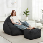 Bean Bag Chair with Ottoman for Adults, Large Corduroy Bean Bag Couch, Boneless Chaise Lounge Reading Chair with High-Resilience Foam, Floor Lounger for Bedroom Living Room (Black)