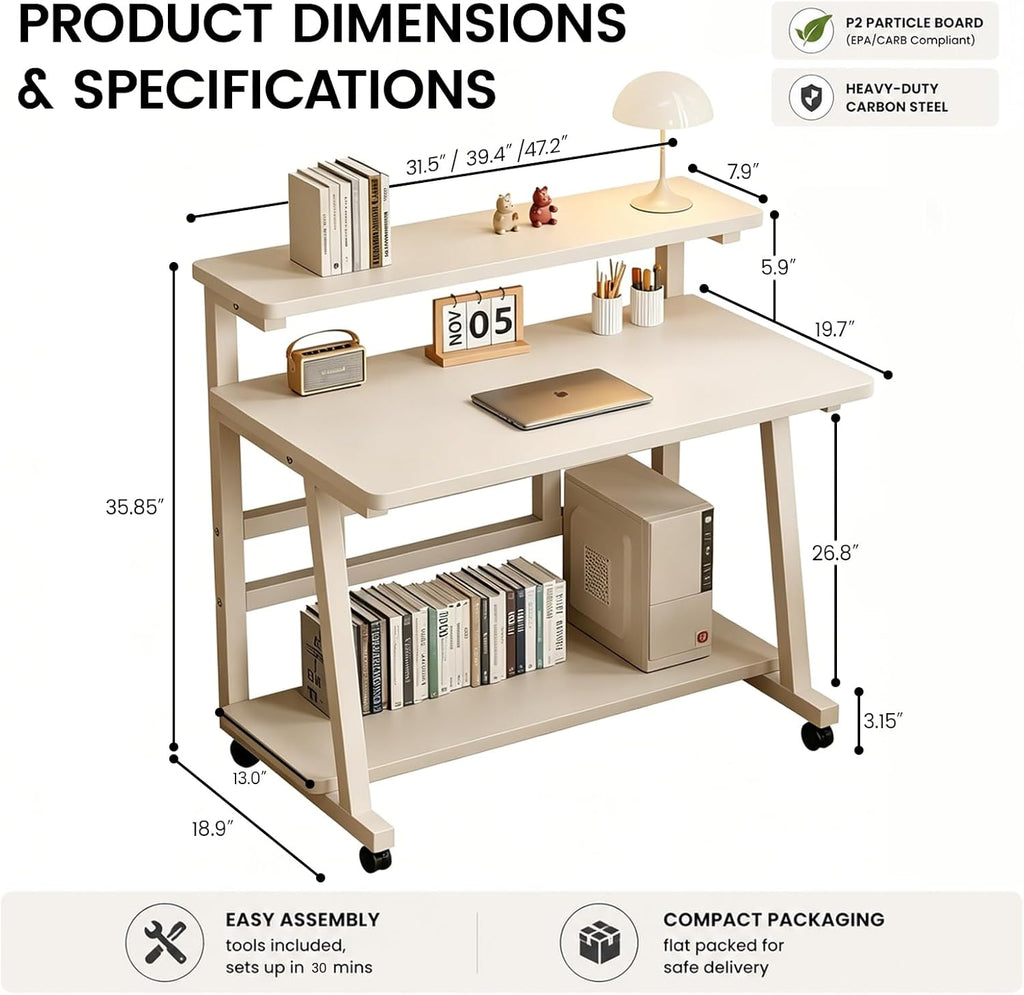 31.5 Inch Compact Rolling Computer Desk with Tier Worktable & Lockable Wheels, Small Computer Desk, Small Desk for Bedroom, Mobile Writing Workstation Easy Assembly for Home Office Small Spaces