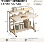 31.5 Inch Compact Rolling Computer Desk with Tier Worktable & Lockable Wheels, Small Computer Desk, Small Desk for Bedroom, Mobile Writing Workstation Easy Assembly for Home Office Small Spaces