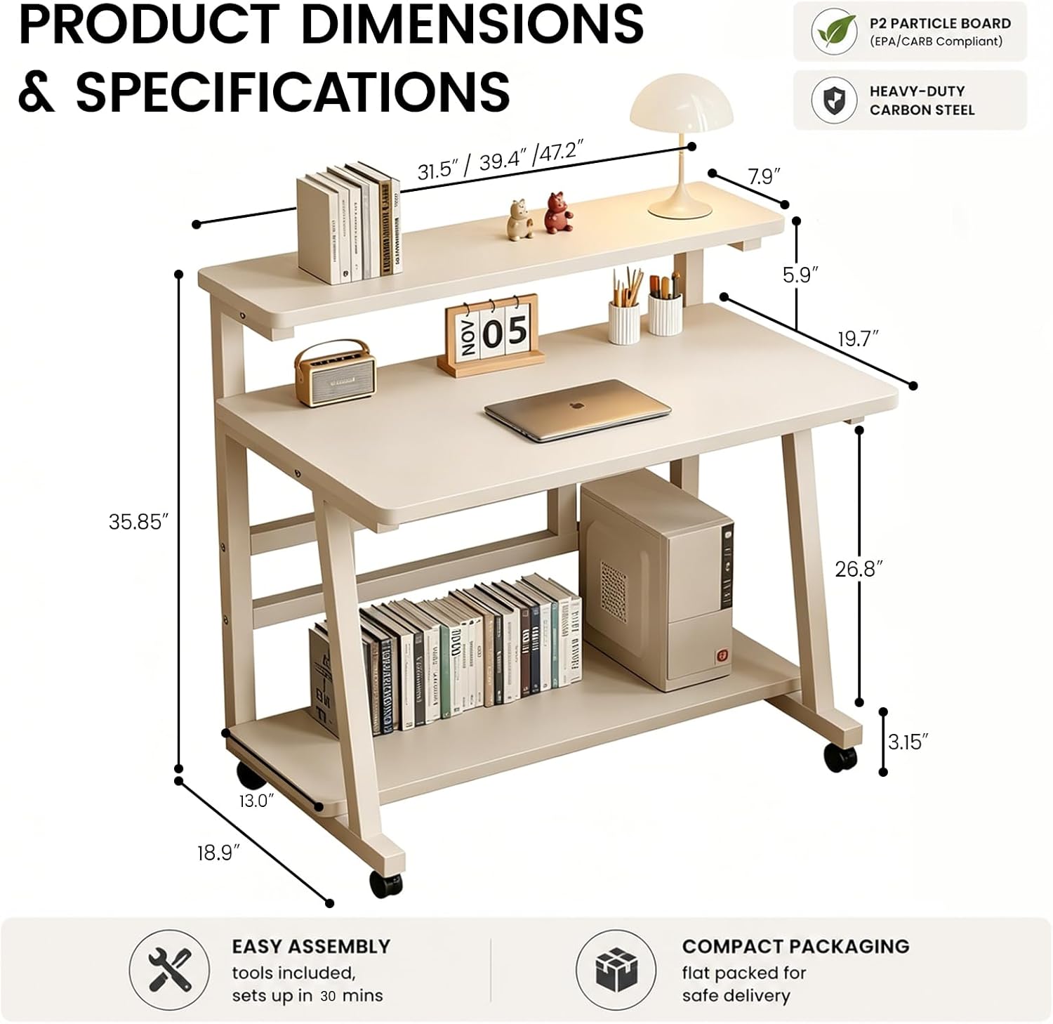 31.5 Inch Compact Rolling Computer Desk with Tier Worktable & Lockable Wheels, Small Computer Desk, Small Desk for Bedroom, Mobile Writing Workstation Easy Assembly for Home Office Small Spaces