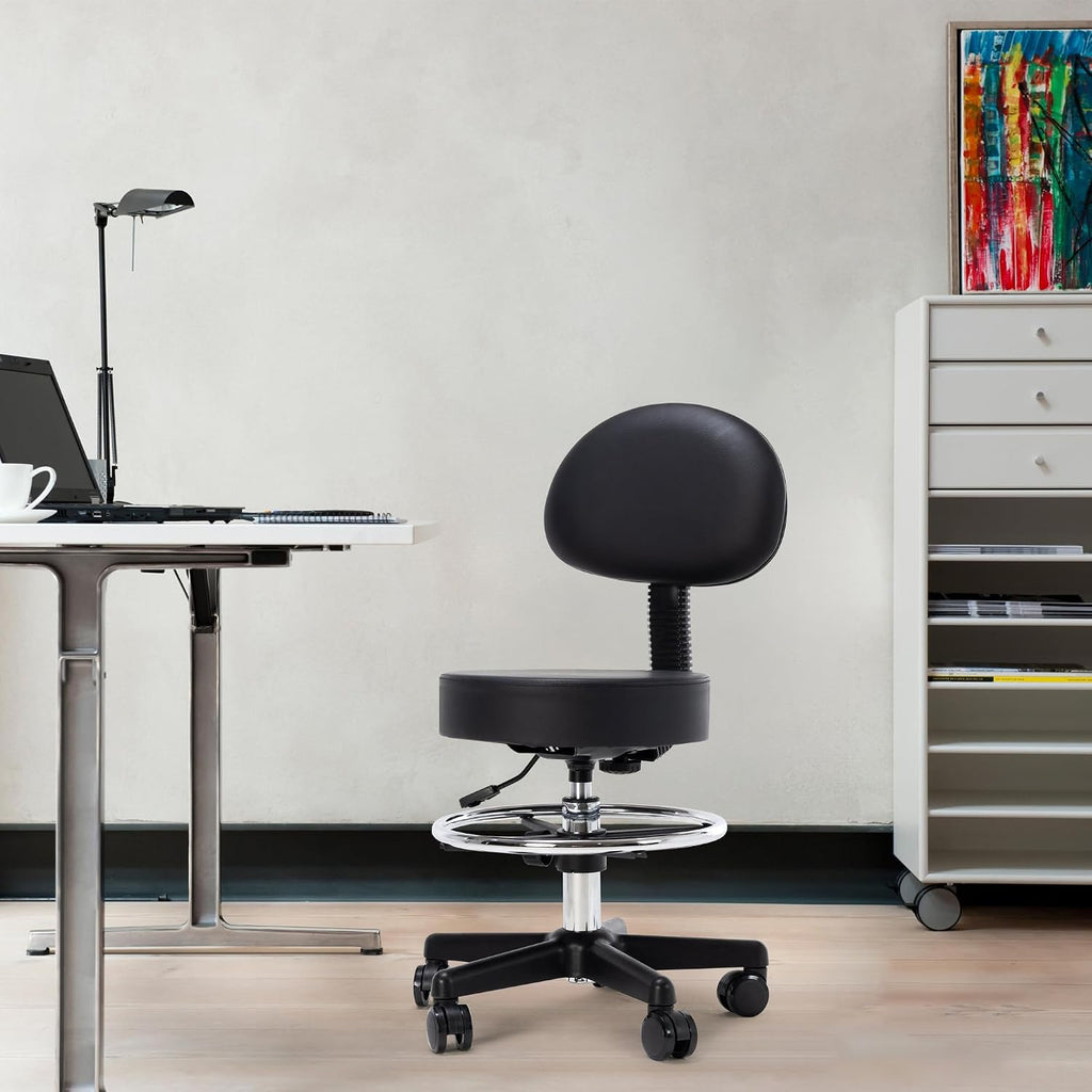 Frassie Drafting Chair with Back Adjustable Spa Bar Rolling Stool Multi-Purpose Office Desk Chair, Swivel Task Chair with Footrest Ring (Black)