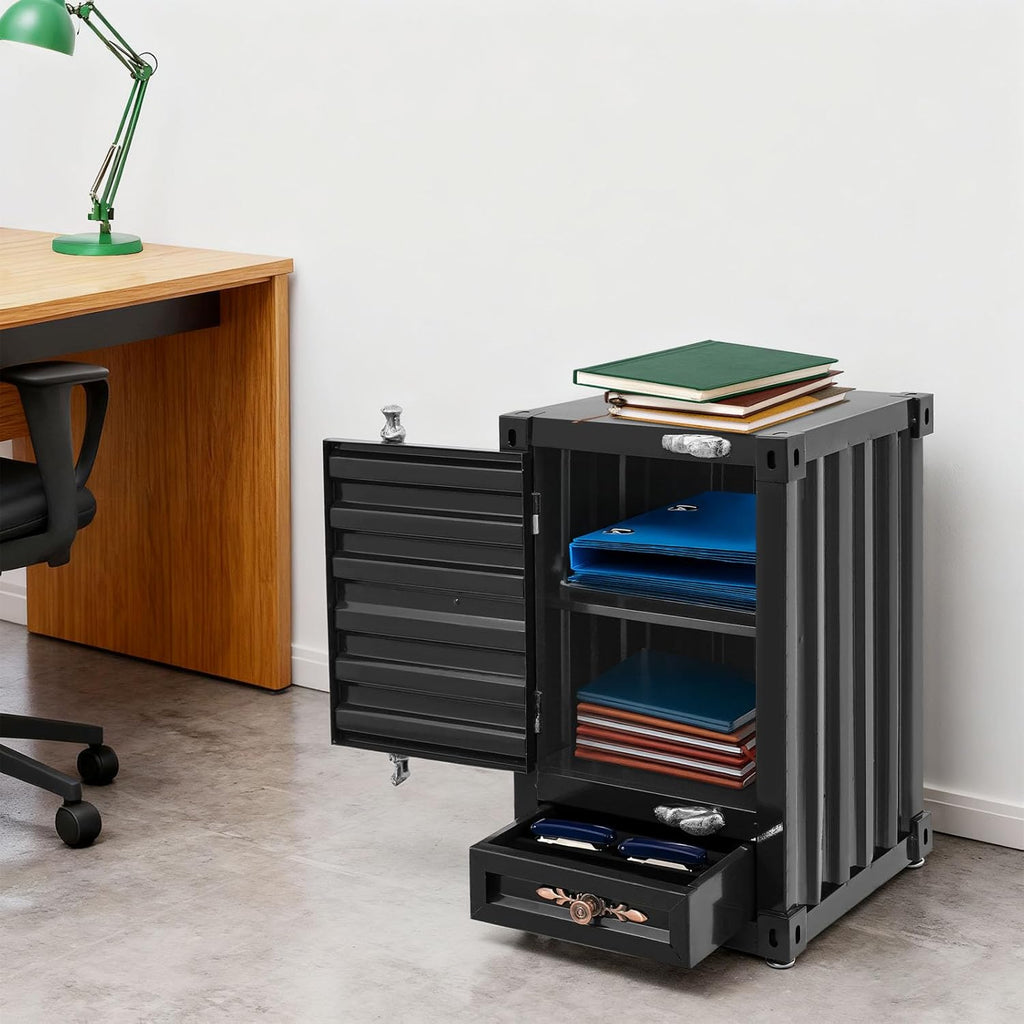 12.6x12.6x19.7in Industrial Style Beside Table, Metal Container Side Table with Drawer, Vintage Container Style Locker Wrought Storage Cabinet for Bedroom/Bar/Garage (Black)