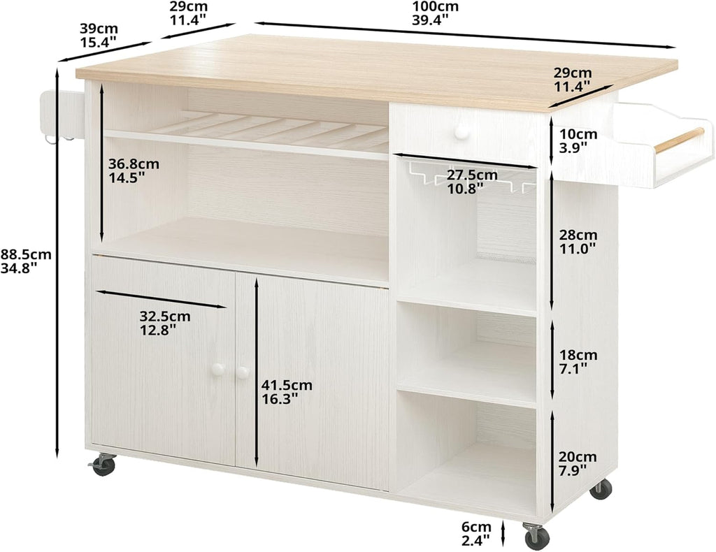 IRONCK Rolling Kitchen Island Cart with Drop-Leaf and Wine Rack, Microwave Rack Serving Cart on Wheels with Drawer & Shelves & Spice Rack & Cup Hanging, White
