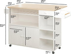 IRONCK Rolling Kitchen Island Cart with Drop-Leaf and Wine Rack, Microwave Rack Serving Cart on Wheels with Drawer & Shelves & Spice Rack & Cup Hanging, White
