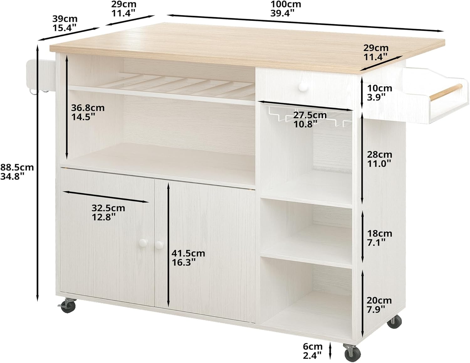 IRONCK Rolling Kitchen Island Cart with Drop-Leaf and Wine Rack, Microwave Rack Serving Cart on Wheels with Drawer & Shelves & Spice Rack & Cup Hanging, White