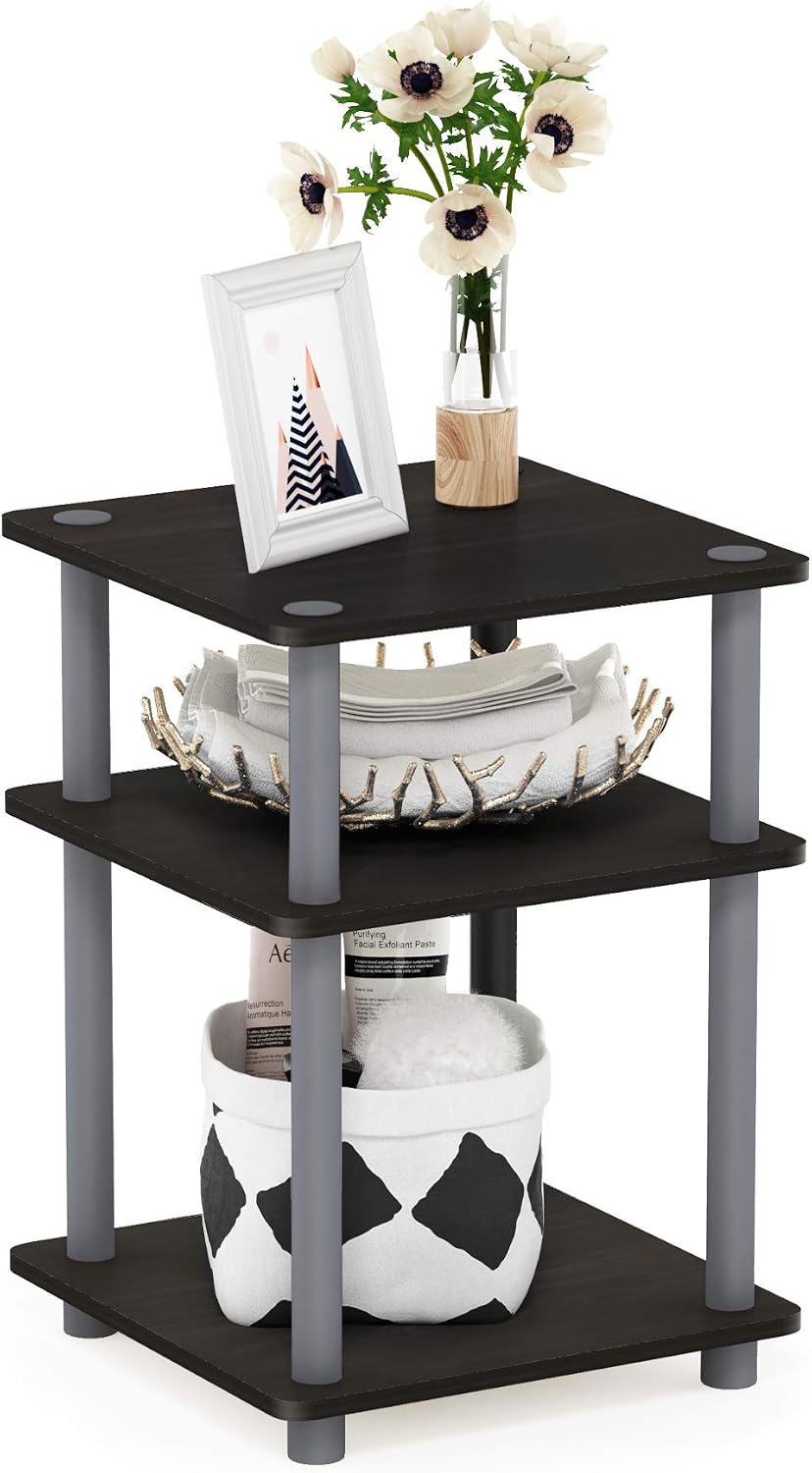 Furinno Turn-N-Tube Toolless Assembly Side Table, Grey 3-Tier End Table, Night Stand, Bedside Table for Living Room, Bedroom, Home Office, Grey Oak/Black