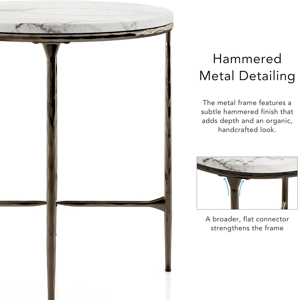 24/7 Shop at Home Aureum Modern 22-inch Round Marble Top End Table with X-Brace, Hammered Dark Bronze Metal Frame for Living Room, Office, White