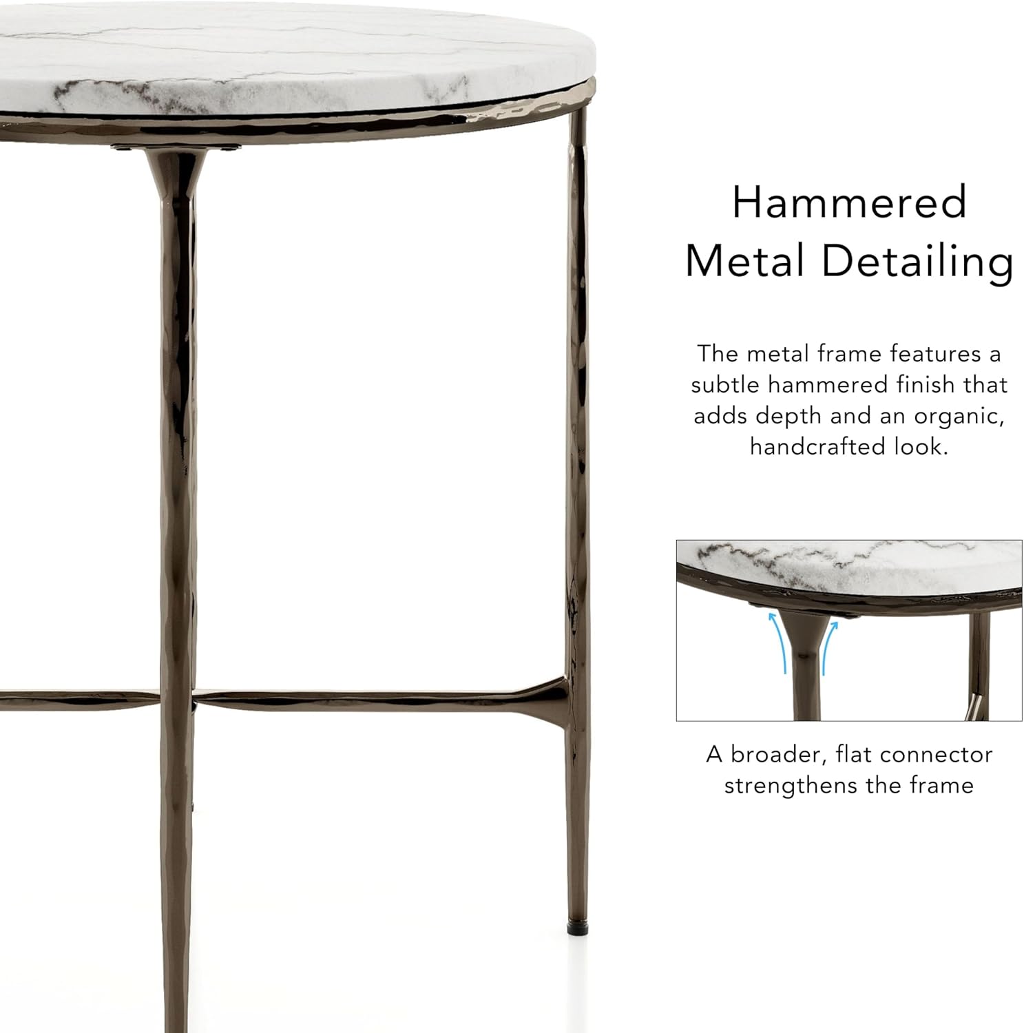 24/7 Shop at Home Aureum Modern 22-inch Round Marble Top End Table with X-Brace, Hammered Dark Bronze Metal Frame for Living Room, Office, White
