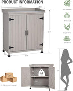 Outdoor Storage Cabinet with Metal Work Top|Waterproof Wooden Potting Bench|Spacious Patio Cabinet with Raised Side Rail for Garden Tools, Backyard,Lawn Gardening|Gray Outdoor Cabinet