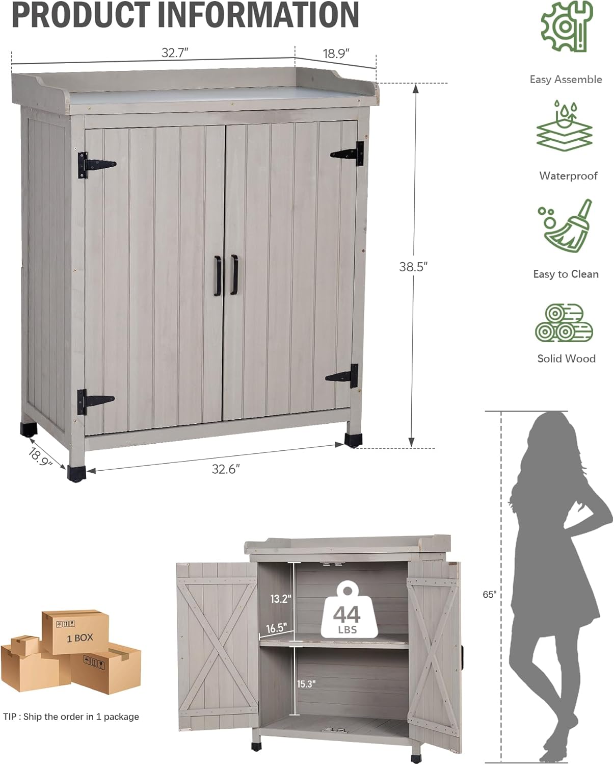 Outdoor Storage Cabinet with Metal Work Top|Waterproof Wooden Potting Bench|Spacious Patio Cabinet with Raised Side Rail for Garden Tools, Backyard,Lawn Gardening|Gray Outdoor Cabinet