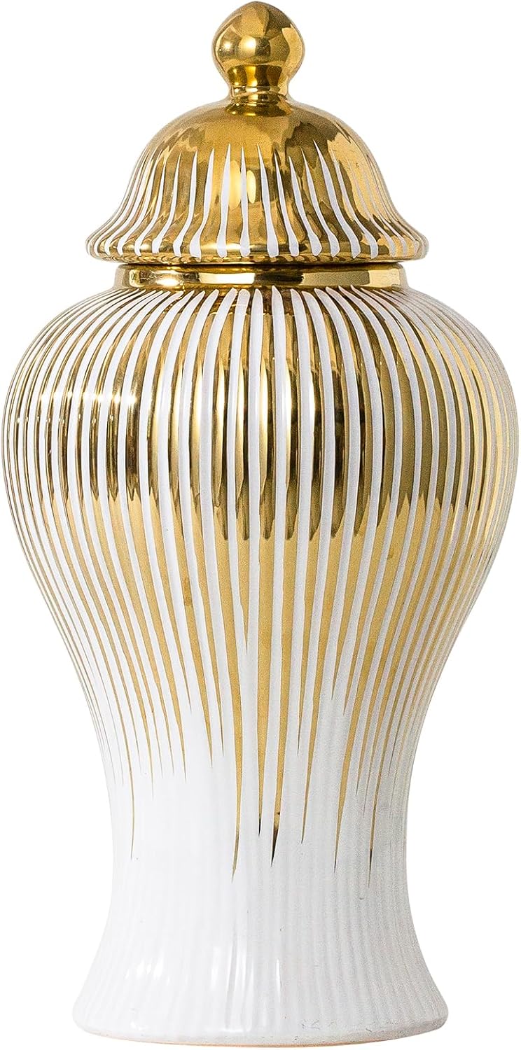 Ginger Jar, Decorative Porcelain Ginger jar with lid, White Gold Ceramic Vase for Decor Decor, Kitchen, Bookshelf Decor, Storage jar, Table Center Vase(12in)
