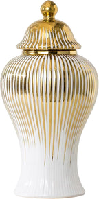 Ginger Jar, Decorative Porcelain Ginger jar with lid, White Gold Ceramic Vase for Decor Decor, Kitchen, Bookshelf Decor, Storage jar, Table Center Vase(12in)