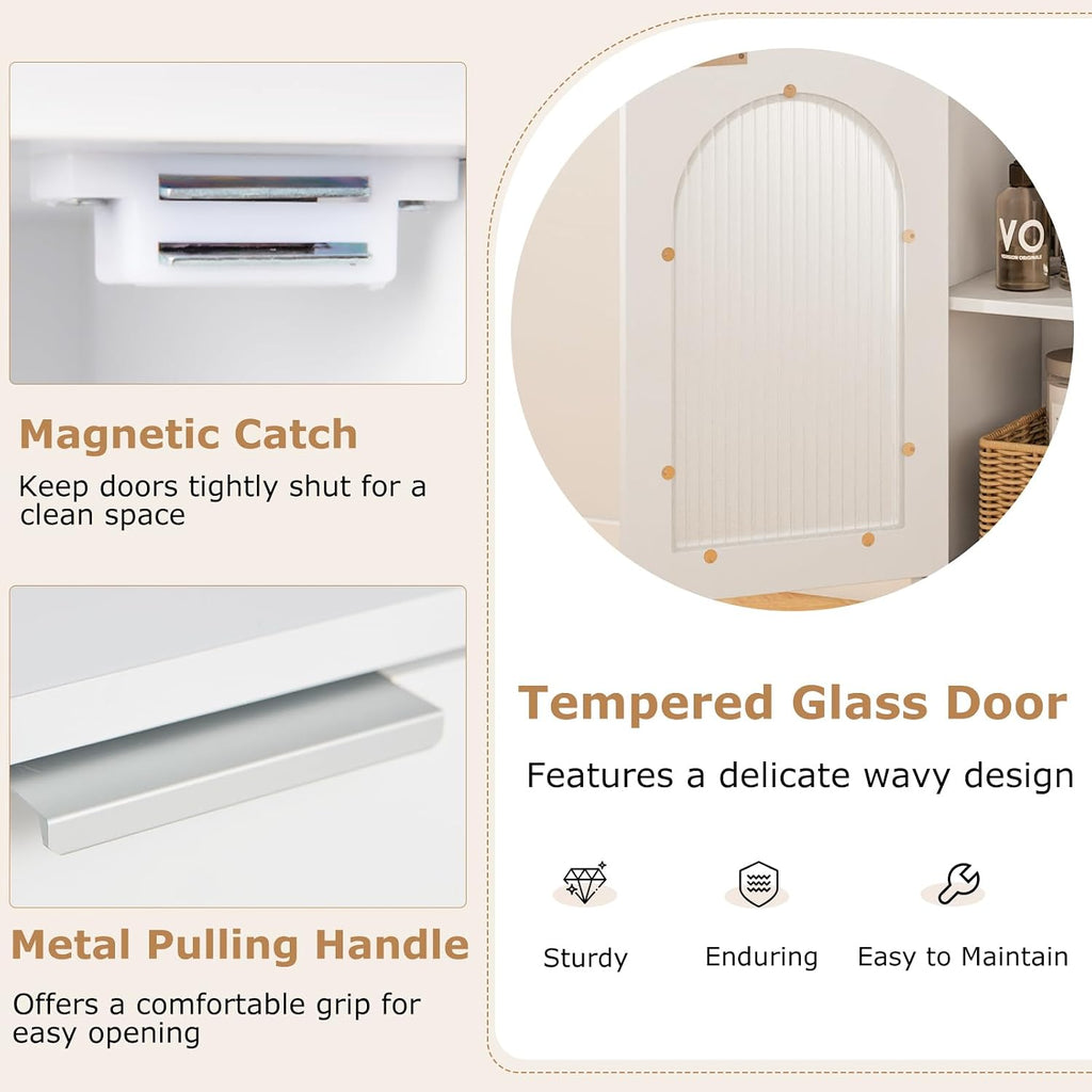 Tangkula Bathroom Floor Cabinet, Wood Side Storage Organizer with Adjustable Shelf, Tempered Glass Door, Anti-Tipping Kit & Solid Wood Legs, Narrow Cabinet for Living Room (White, 14” x 12” x 35.5”)