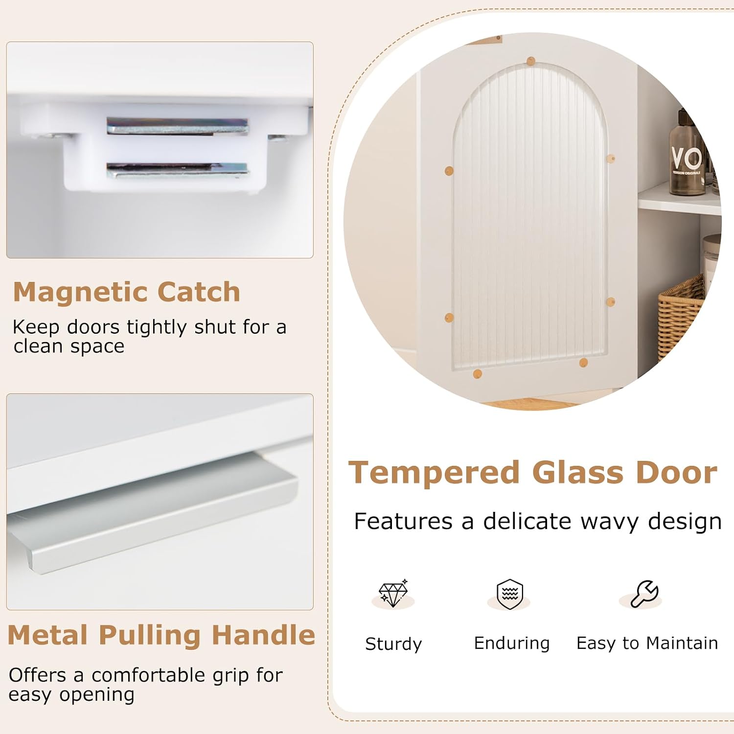 Tangkula Bathroom Floor Cabinet, Wood Side Storage Organizer with Adjustable Shelf, Tempered Glass Door, Anti-Tipping Kit & Solid Wood Legs, Narrow Cabinet for Living Room (White, 14” x 12” x 35.5”)