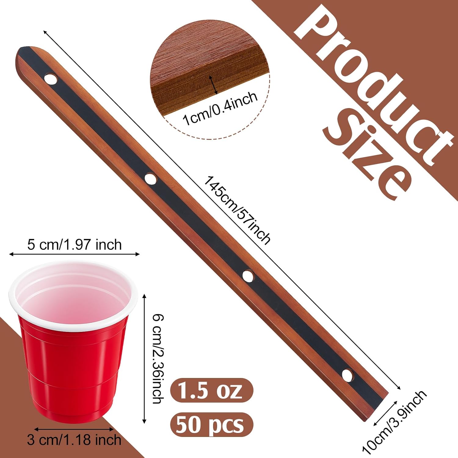 Ziliny 4 Person Ski Board 57'' x 3.9'' Vintage Wooden Board with 50 Plastic Glasses and 1 Marker Pen Rustic Retro Ski for Gathering Birthday Party Wedding(Brown)